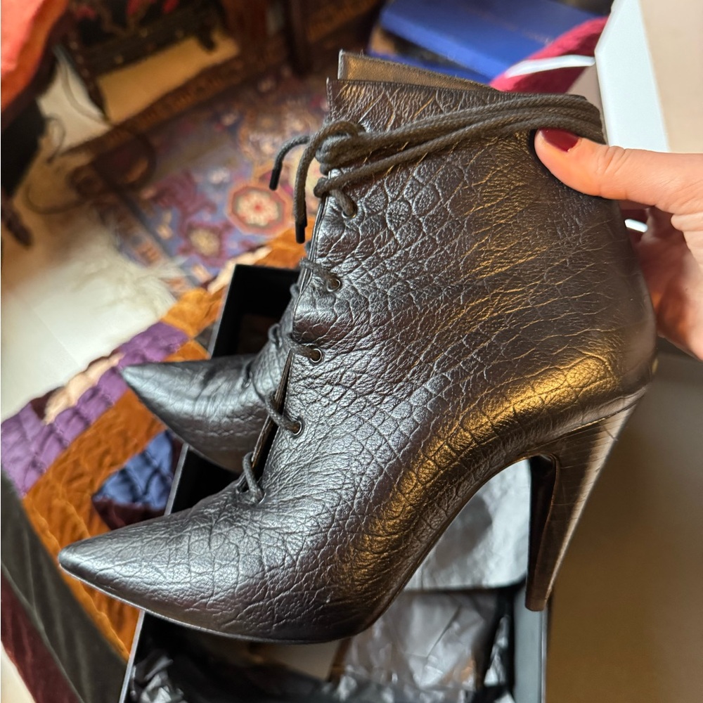 Rare Saint Laurent Croc Leather Black Ankle Booties